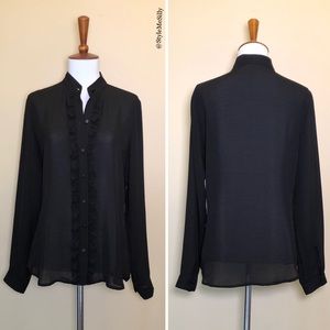 Ann Taylor black ruffle front button up blouse
